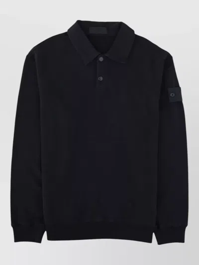 Stone Island Long Sleeve Knit Polo Ribbed Cuffs Hem In Black