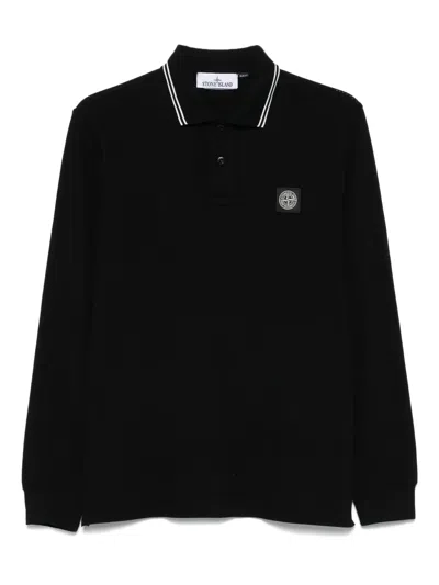 Stone Island Long-sleeve Logo Polo Shirt In Black