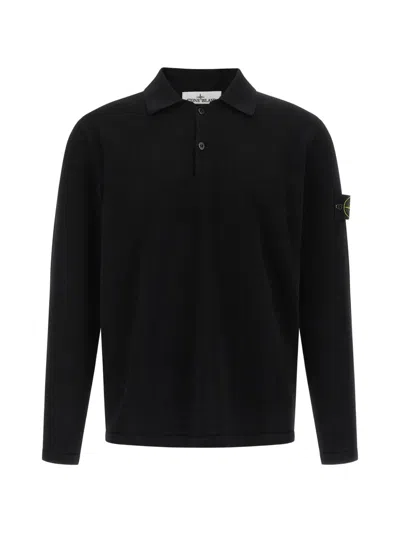 Stone Island Textured Cotton Long-sleeve Polo Shirt With Iconic Patch In Black