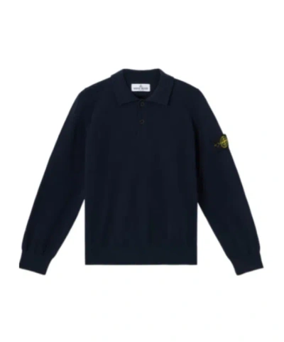Stone Island Long-sleeve Polo Shirt With Ribbed Details In Blue