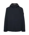 Stone Island Modern Black Leather Jacket With Hood And Zip Closure In Blue