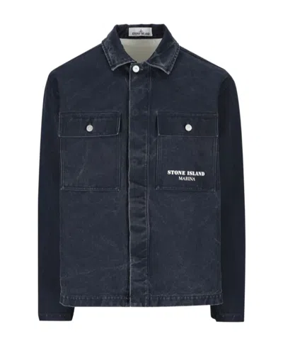 Stone Island Long-sleeved Denim Coat In Blue