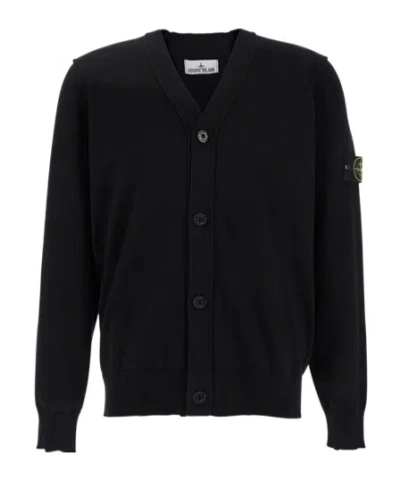 Stone Island Long-sleeved Knitted Cardigan In Black
