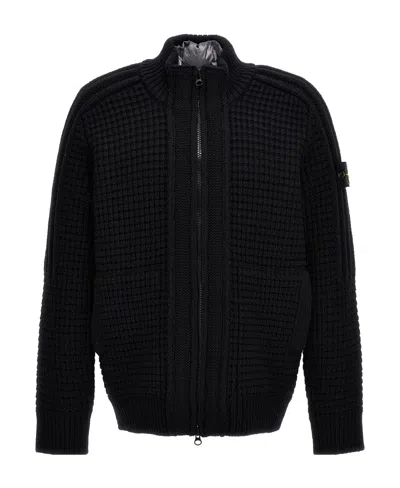 Stone Island Long-sleeved Knitted Cardigan In Black