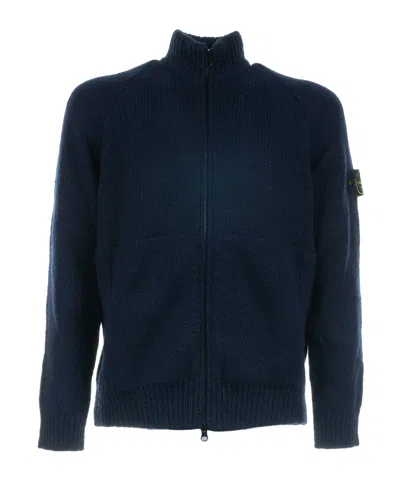 Stone Island Long-sleeved Knitted Cardigan In Blue