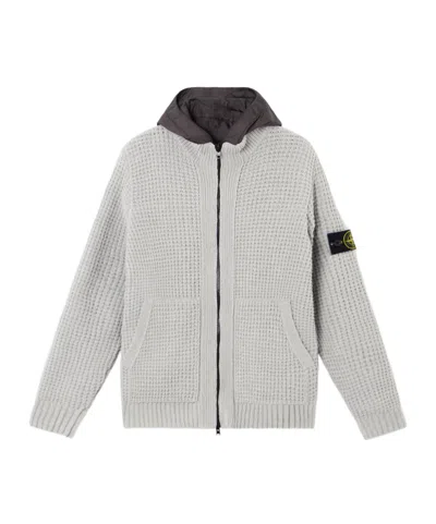 Stone Island Long-sleeved Knitted Cardigan In Pearl Gray