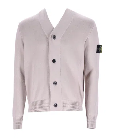 Stone Island Long-sleeved Knitted Cardigan In White