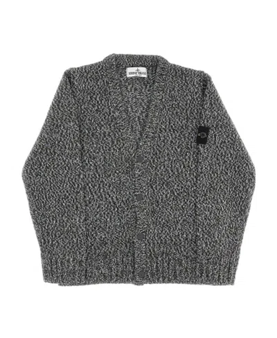 Stone Island Long Sleeved V-neck Knitted Cardigan In Blue