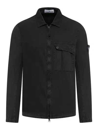 Stone Island Long-sleeved Zip-up Shirt In Black