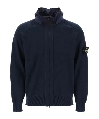 Stone Island Long-sleeved Zipper Cardigan In Blue