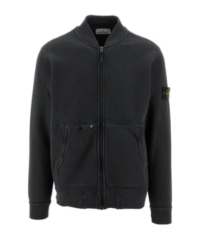 Stone Island Long-sleeved Zipper Sweatshirt In Black