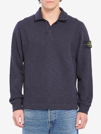 Stone Island Long Sleeve Polo Collar Knit Sweatshirt In Blue