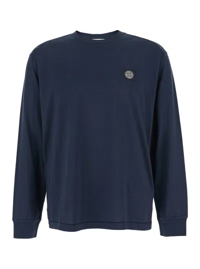 STONE ISLAND BLUE CREWNECK SWEATER WITH LOGO PATCH IN COTTON MAN