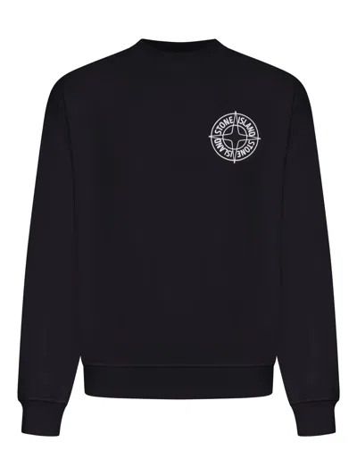 Stone Island Man Ribbed Neckline Sweatshirt With Raised Compass Logo Print In Black