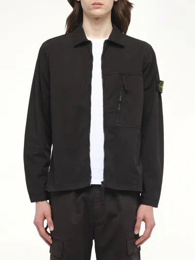 Stone Island Stretch Cotton Twill Shirt In Black