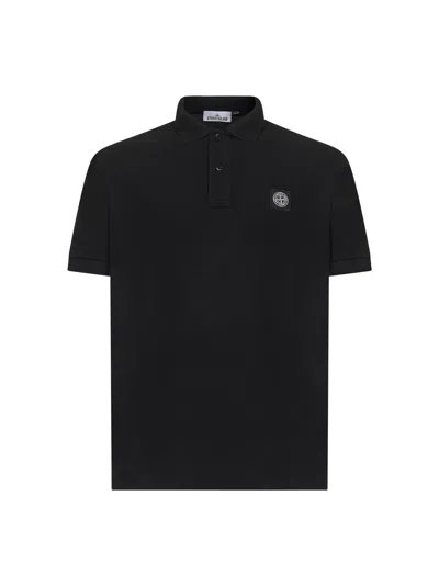 Stone Island Men Black Stretch Pique Compass Patch Polo Shirt