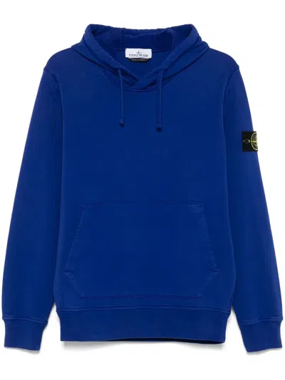 Stone Island Men Cotton Fleece Hooded Sweatshirt With Pouch Pocket In Blue