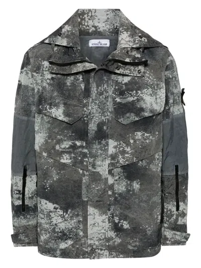 Stone Island Camouflage-pattern Hooded Jacket In Grey
