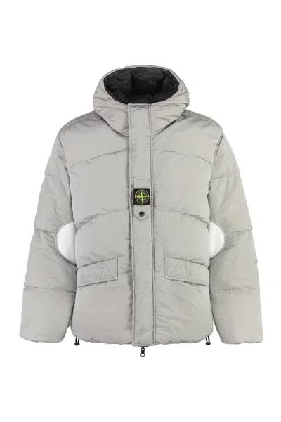 STONE ISLAND MEN'S GRAY REVERSIBLE NYLON DOWN JACKET WITH REMOVABLE LOGO PATCH
