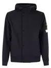 Stone Island Black Jacket With Hood With Buttons And Logo Patch On The Sleeve In Tech Fabric Stretch Man In Navy