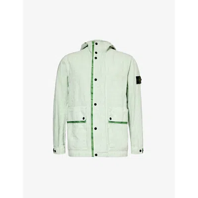 Stone Island Logo-badge Funnel-neck Linen-blend Jacket In Green