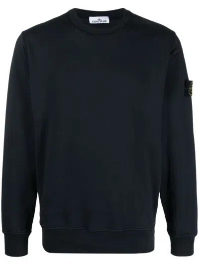 Stone Island Ribbed Detail Crew Neck Sweatshirt With Iconic Badge In Black
