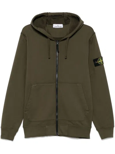 Stone Island Men Logo Cotton Zipped Hoodie In Green