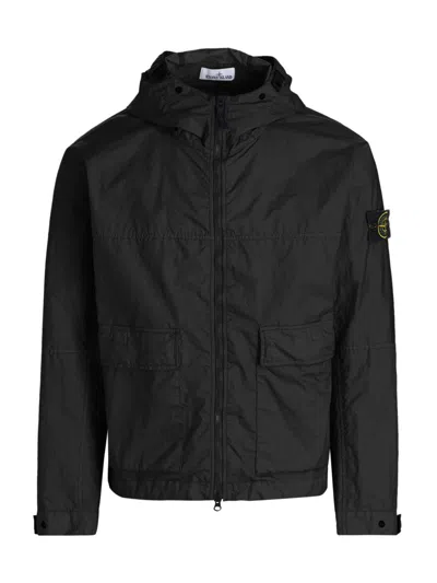 Stone Island Logo Patch Nylon Short Parka In Black