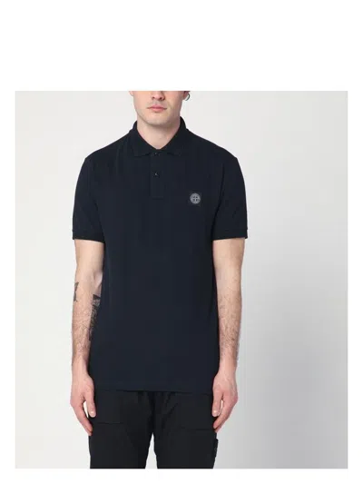 STONE ISLAND MEN'S NAVY COTTON POLO SHIRT WITH LOGO PATCH