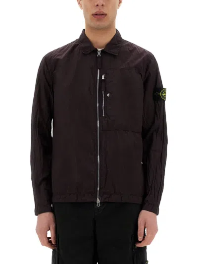 Stone Island Men Overshirt With Pocket And Zipper In Black