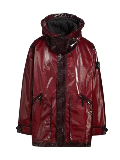Stone Island Men's Short Parka Coat In Burgundy