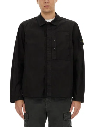 Stone Island Men Stretch Cotton Twill Shirt In Black
