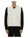 Stone Island Logo Sleeveless Vests With Button And Side Pockets In Neutral