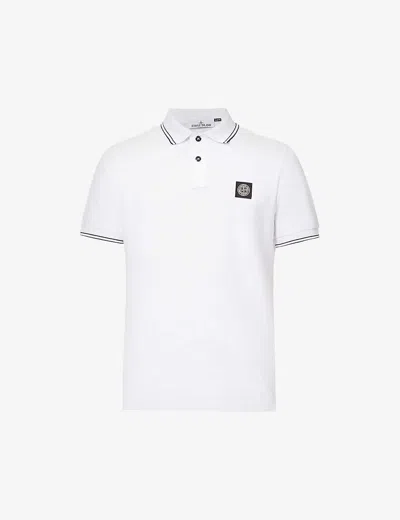 Stone Island Contrasting Trim Logo Patch Cotton Blend Polo Shirt In White