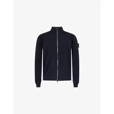 Stone Island Mens Black Embroidered Logo-patch Long-sleeve Knitted-wool Cardigan