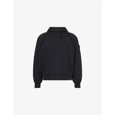 Stone Island Mens Black Logo-patch Brush-fleece Cotton Hoody