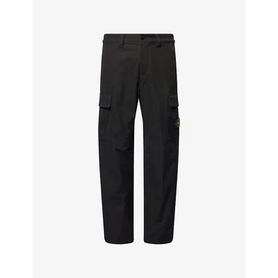 Stone Island Mens Black Panama Logo-patch Straight-leg Cotton Trousers