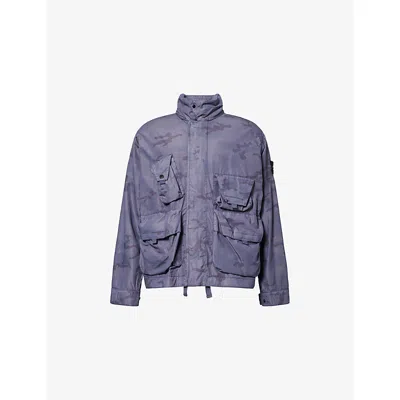 Stone Island Mens Blue Grey Camo Compass-badge Ripstop Field Cotton-blend Jacket