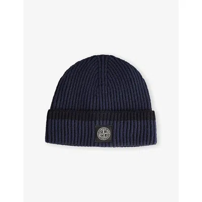 Stone Island Mens Navy Blue Ribbed Brand-patch Knitted Beanie