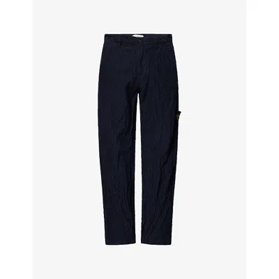 Stone Island Mens Navy Blue Wrinkled Corduroy Straight-leg Cotton-blend Trousers In Black