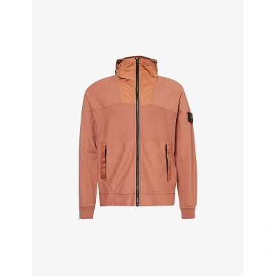 Stone Island Mens Rust Hybrid Contrast-panel Cotton-jersey Hoody