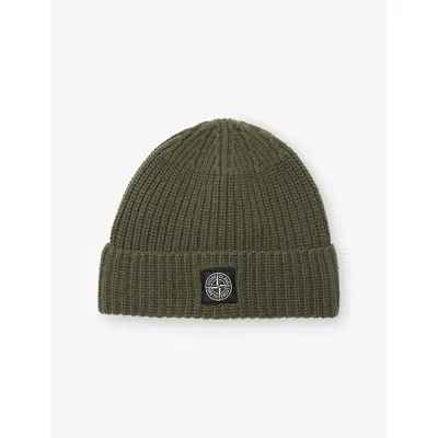 Stone Island Mens Green Brand-patch Ribbed Wool Beanie