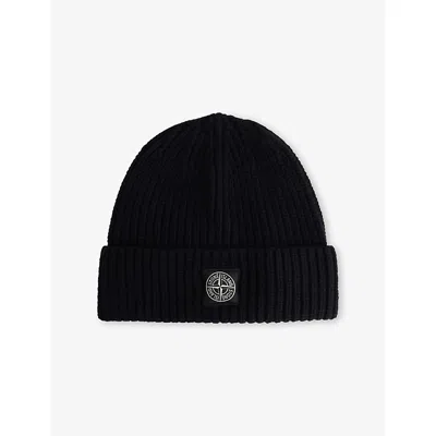 STONE ISLAND MENS BLACK BRAND-PATCH WOOL BEANIE HAT