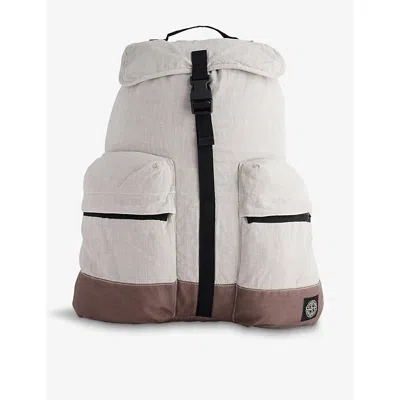 Stone Island Mens Cream/brown Brand-patch Zip-pockets Linen-blend Backpack
