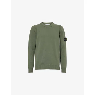STONE ISLAND MENS LAMBS-WOOL CREWNECK KNITTED JUMPER MILITARY GREEN