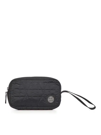 Stone Island Metallic Nylon Clutch With Logo In Black