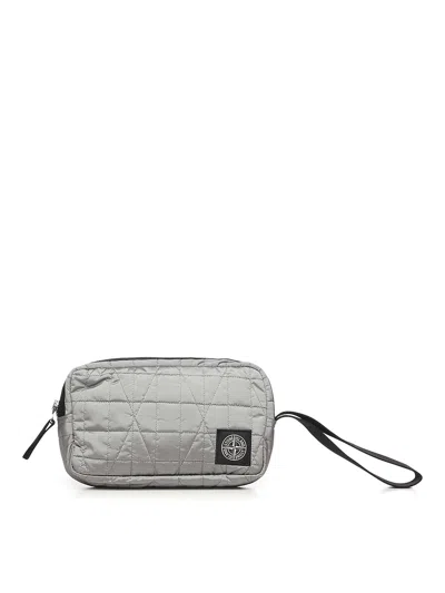 Stone Island Metallic Nylon Clutch With Logo In Gray