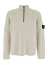 Stone Island White Sweater With Logo Patch On The Sleeve And Front Half Zip Closure In Wool Stretch Man In White