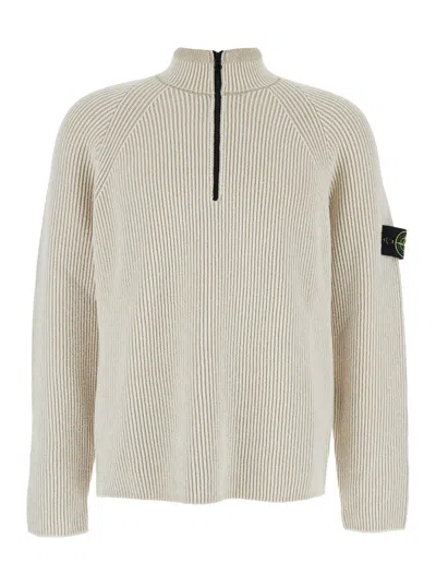Stone Island Ribbed Zip-neck Sweater In White