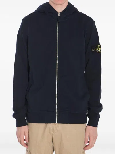 Stone Island Midnight Blue Cotton Hoodie With Patch Logo Sleeve In Black